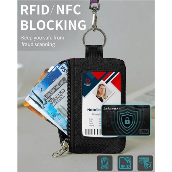 Minimalist Wallet For Mens Womens, Keychain RFID Blocking Zipper Small Wallet - Picture 4 of 7